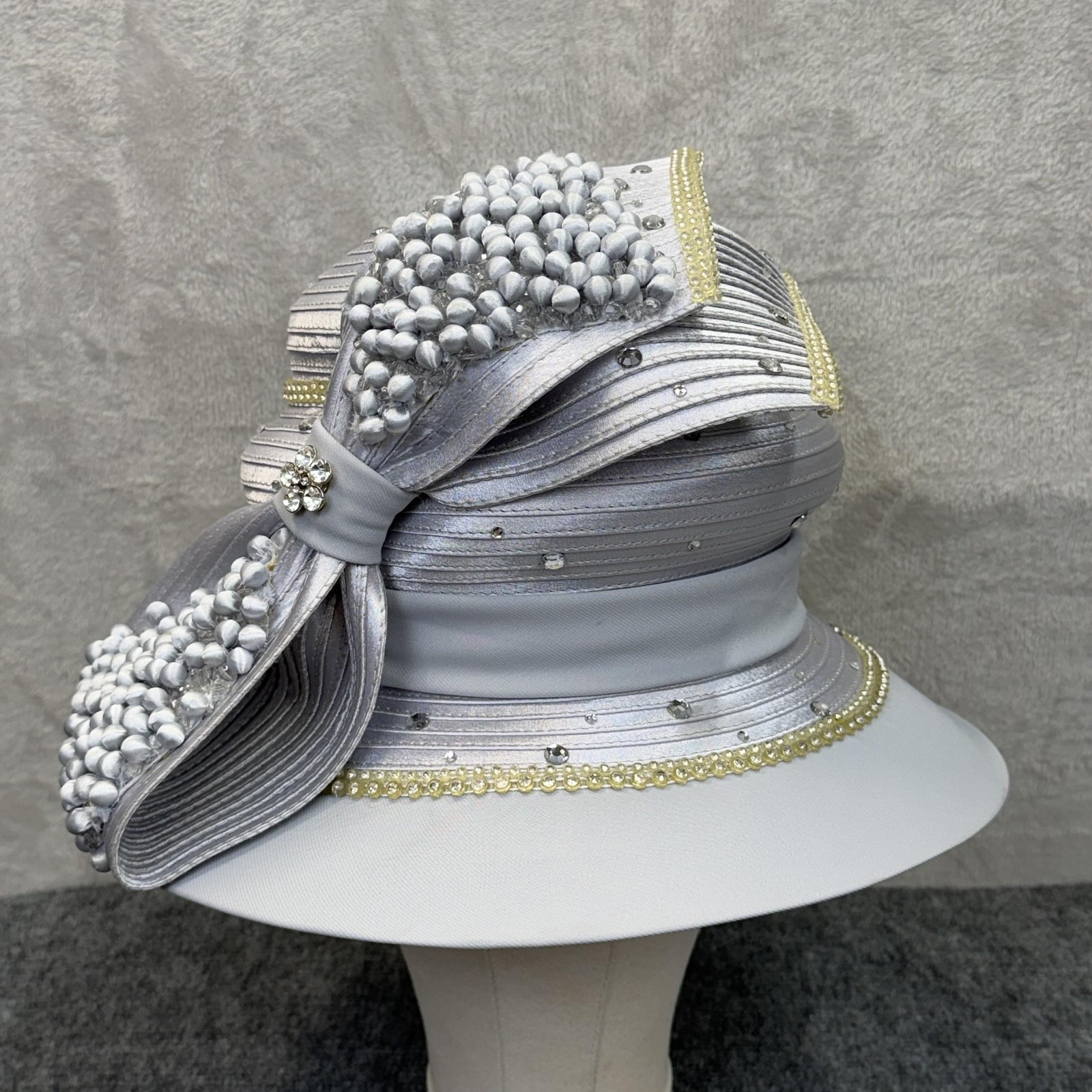 Champagne Italy Hat Cloche Womens Gray Rhinestone Bow Derby Church Wedding
